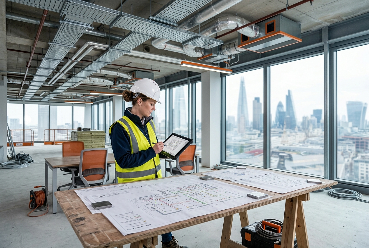 M&E drawings in London – engineer reviewing mechanical and electrical CAD layouts