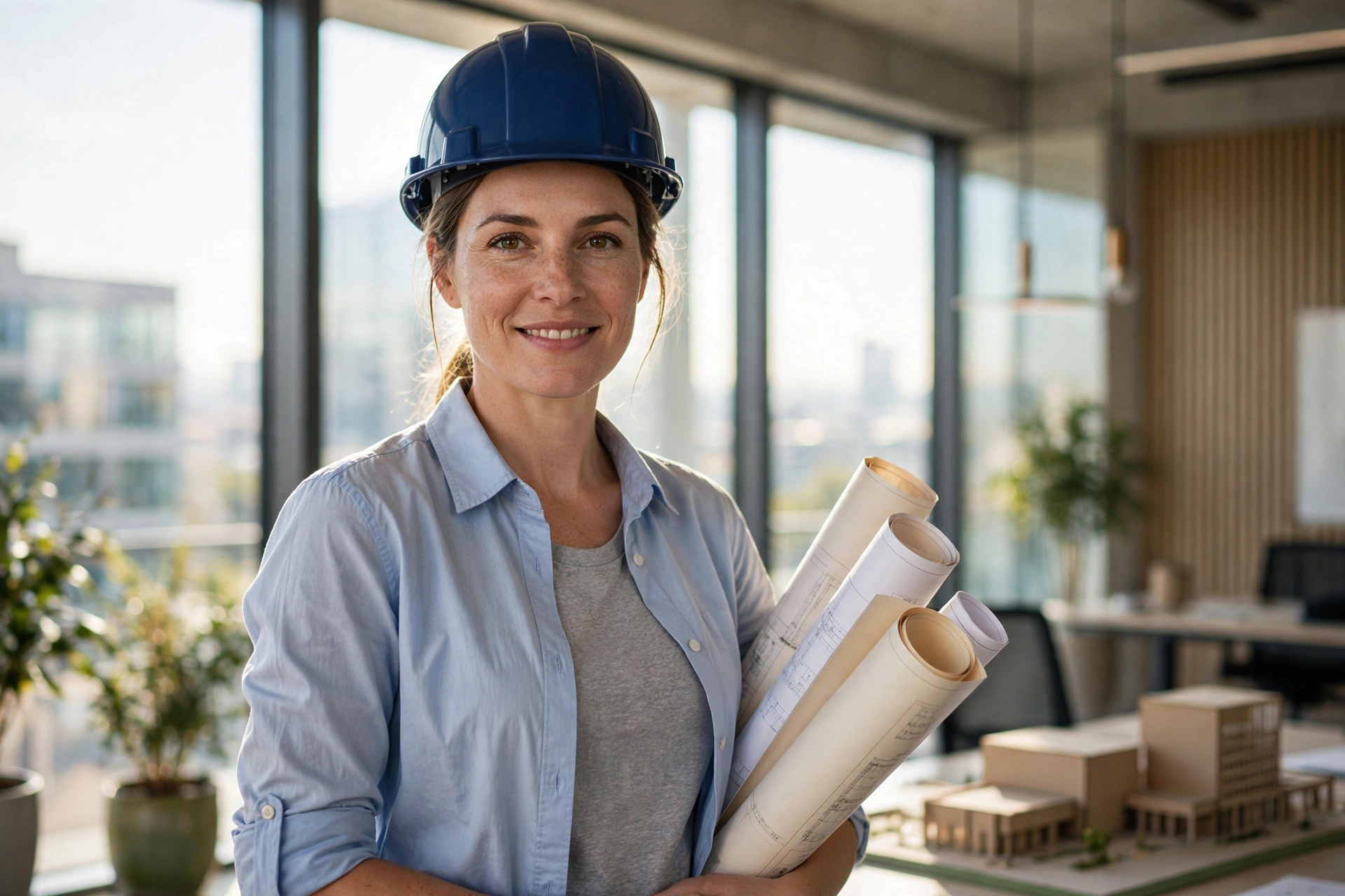 Structural engineer in London holding architectural drawings in a modern office
