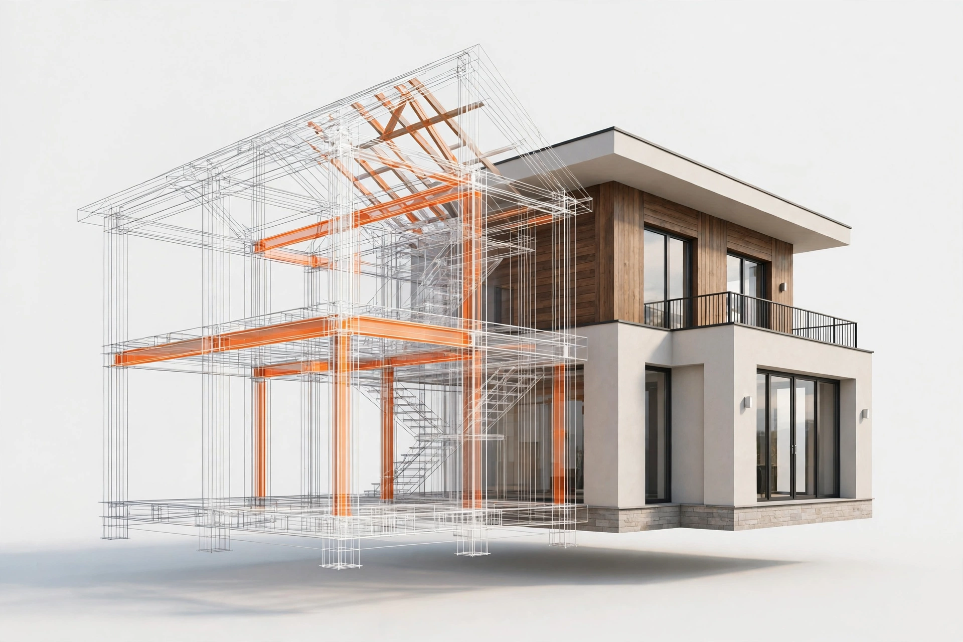 Structural engineer London – 3D structural engineering visualisation of a modern house with exposed steel framework