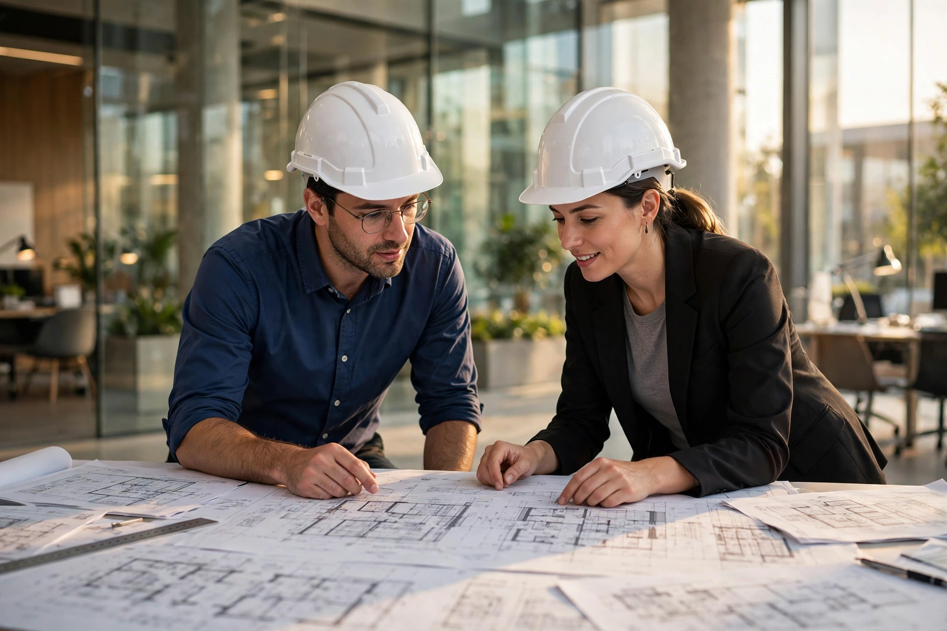 Structural engineers in London reviewing technical drawings together in a modern office