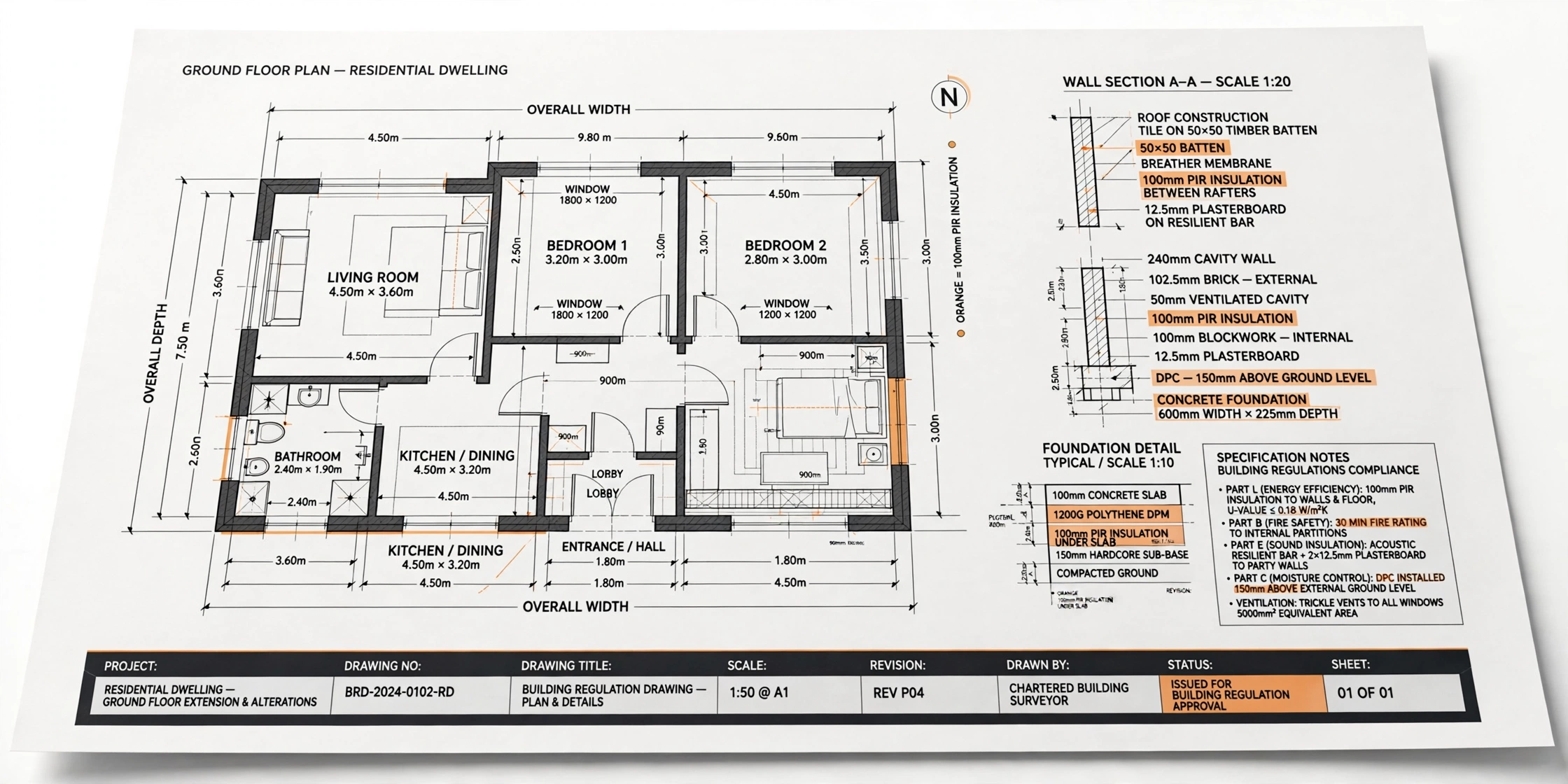Building regulation drawings in London – technical drawing package with floor plans, sections and construction details for Building Control