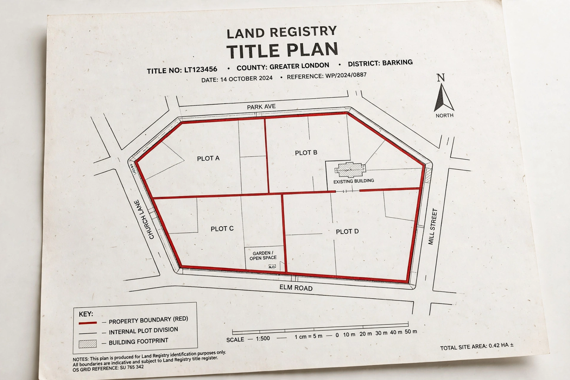 Lease plans – Land Registry title plan with red-lined property boundary, plots, north arrow and scale bar