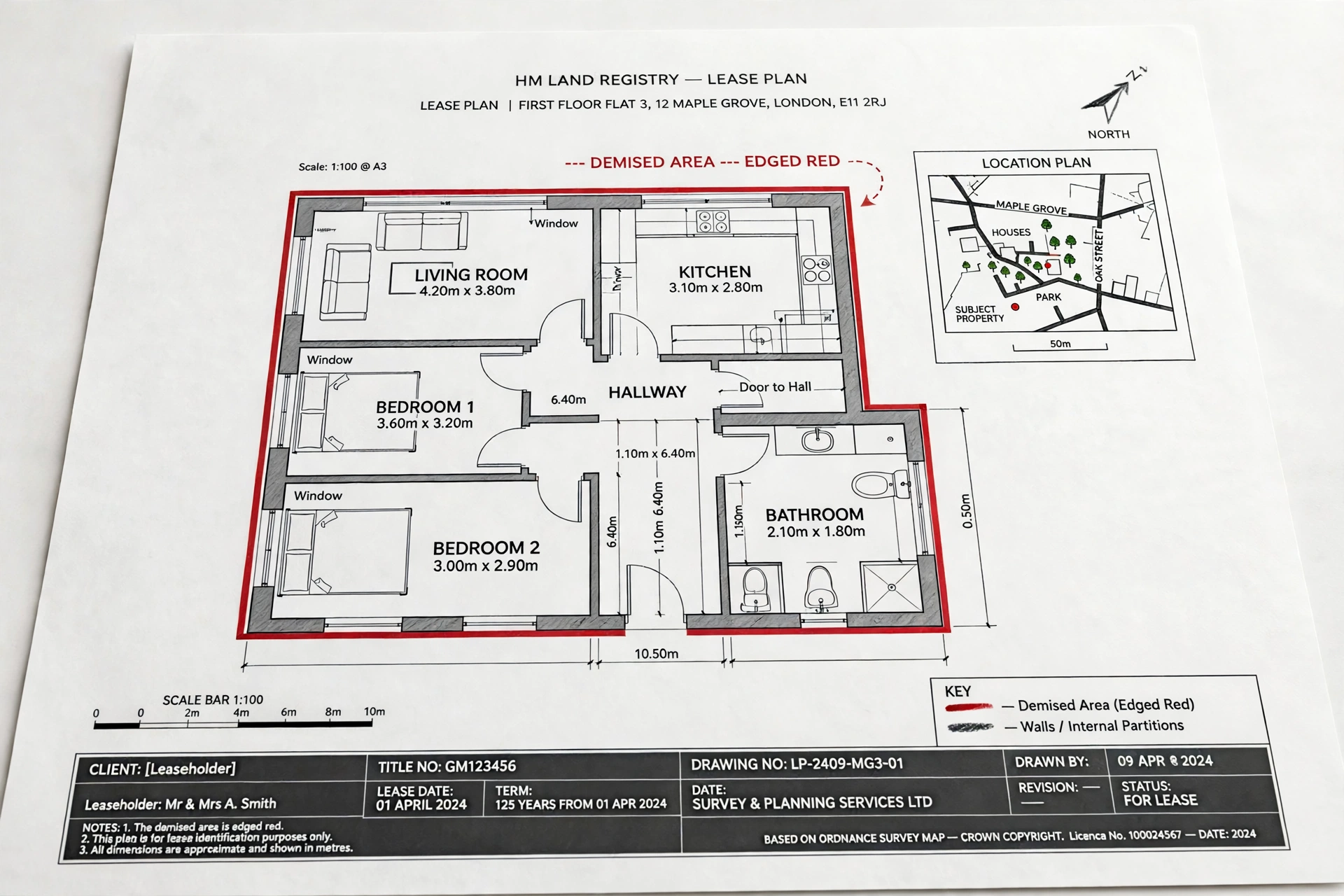 Lease plans in London – Land Registry compliant lease plan with red-edged demised area, location plan and title block