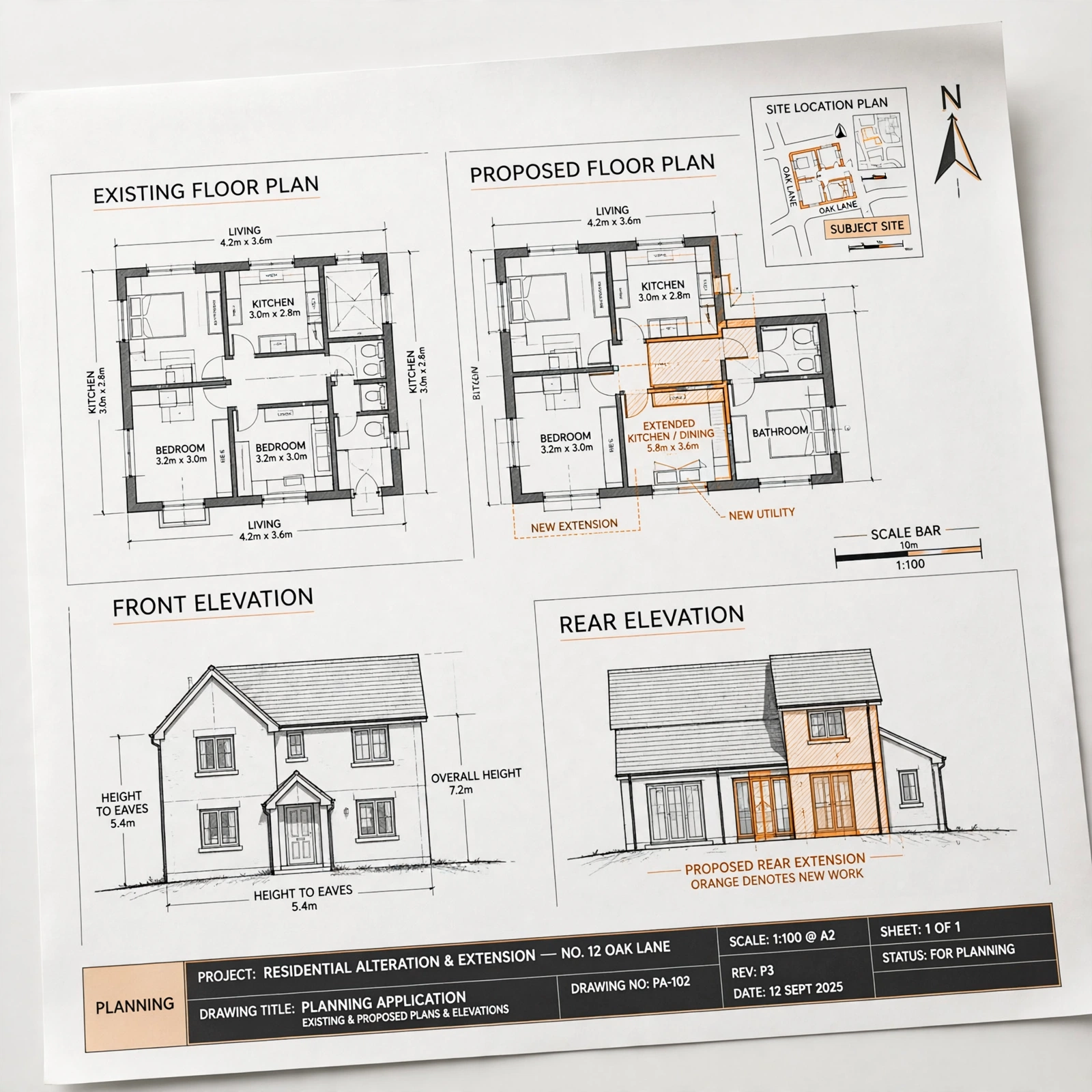 Planning drawings in London – existing and proposed floor plans, elevations and site location plan for a planning application